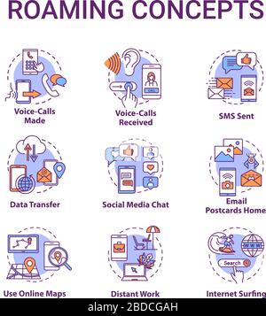 Roaming concept icons set. Browsing social media. Incoming voice calls. Distant work. Internet connection idea thin line RGB color illustrations Stock Vector