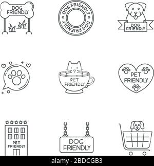 Pet friendly emblems pixel perfect linear icons set. Kitty and doggy permitted, welcome public places. Customizable thin line contour symbols Stock Vector