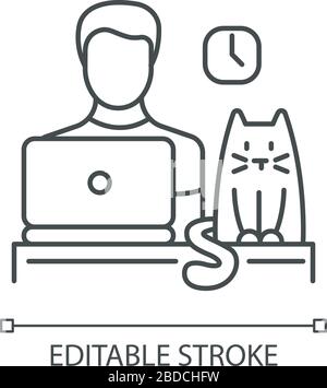 Pet friendly office pixel perfect linear icon. Cat at workplace, kitten and working human. Thin line customizable illustration. Contour symbol. Vector Stock Vector
