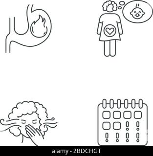 Early pregnancy symptom pixel perfect linear icons set. Heartburn in stomach. Feeling pregnant. Customizable thin line contour symbols. Isolated Stock Vector