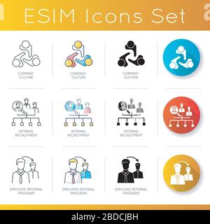 Headhunting icons set. Linear, black and RGB color styles. Company culture, internal recruitment and employee referral program. Professional Stock Vector