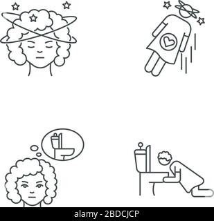 Early pregnancy symptom pixel perfect linear icons set. Lady with dizziness. Sick from food poisoning. Customizable thin line contour symbols Stock Vector