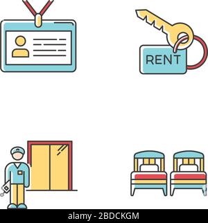 Renting hotel room RGB color icons set. Living accommodation. Single beds. Security guard, elevator operator. Apartment key. Rental service. Identity Stock Vector