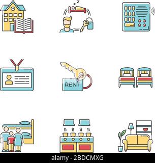 Renting RGB color icons set. Family dormitory. Communal kitchen. Identity card. Living room. Intercom. Shared space. Rental service. Isolated vector Stock Vector