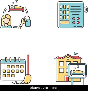 Hostel RGB color icons set. Renting room for night. Intercom. Security. Sleeping accommodation. Cleaning schedule. Cleanliness control. Isolated Stock Vector