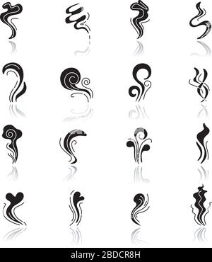 Odor drop shadow black glyph icons set. Good and bad smell. Heart shape odour, fluid. Evaporation flow. Aromatic fragrance. Smog stream, fume swirls Stock Vector