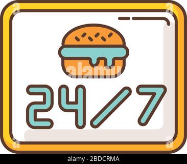 24 7 open burger joint RGB color icon. Twenty four seven cantine. Everyday eatery menu. 24 hrs fast food. Around the clock working hours. All week Stock Vector