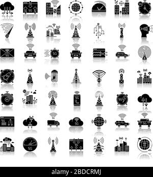 5G wireless technology drop shadow black glyph icons set. Car control ...