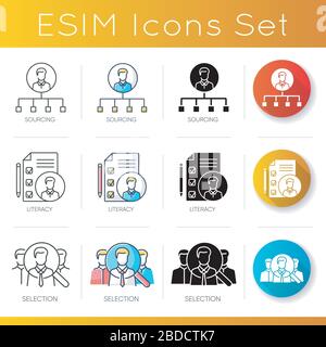 Recruitment icons set. Linear, black and RGB color styles. Sourcing literacy and selection. Professional headhunting. Corporate employees search Stock Vector