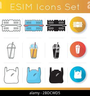 Take away food packages icons set. Plastic bag with handles, cold drink disposable cup, container for salad. Takeout meal packing. Linear, black and Stock Vector