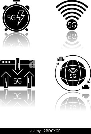 5G wireless technology drop shadow black glyph icons set. Car control ...