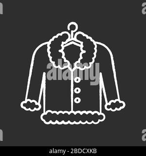 Coat on hanger chalk white icon on black background. Outerwear professional washing, laundry service. Fur delicate dry cleaning, stain removing Stock Vector