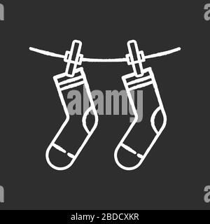 Outside drying chalk white icon on black background. Laundry, outdoors clothes drying. Socks hanging on clothesline, clean clothing, washed garment Stock Vector