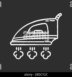 Ironing chalk white icon on black background. Laundry service, flatiron, fabric care. Smoothing iron with steam, household appliance, electrical Stock Vector