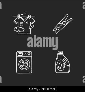 Clothes cleaning items chalk white icons set on black background. Clothing washing, outdoor drying. Washing machine, laundry detergent, pin and Stock Vector