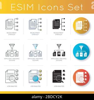 Executive search icons set. Linear, black and RGB color styles. Recruitment strategy, applicant tracking system and job analysis. Professional staff Stock Vector