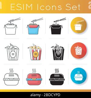 Takeaway food icons set. Chinese noodles pack with chopsticks, bucket of chicken wings, burger box. Takeout fastfood. Take away meal. Linear, black Stock Vector