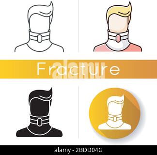Cervical fracture icon. Broken neck. Human in neck brace, collar. Medical device. Healthcare. Treatment. Injury, trauma. Accident. Linear black and Stock Vector