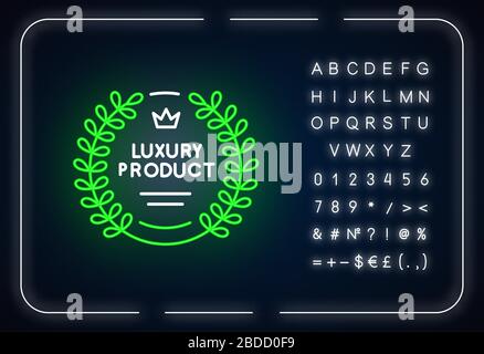 Luxury product neon light icon. Outer glowing effect. Sign with alphabet, numbers and symbols. Premium product emblem with laurel wreath and crown Stock Vector