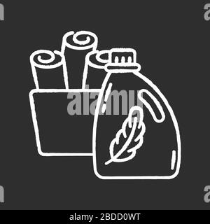 Fabric softener chalk white icon on black background. Cleaning product packaging, laundry detergent conditioner bottle. Fabric care, delicate washing Stock Vector