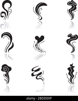 Odor drop shadow black glyph icons set. Good and bad smell. Heart shape nice odour, fluid, perfume scent. Aromatic fragrance. Smog stream, fume swirls Stock Vector