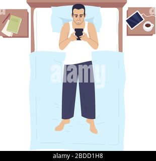 Man chatting in bed with smartphone semi flat RGB color vector illustration. Adult guy lying and using phone, communicating online in bedroom isolated Stock Vector