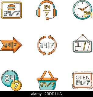 24 7 hour service RGB color icons set. Twenty four seven circle sign. Around the clock working hours of store. Arrow signage with numbers. Customer Stock Vector