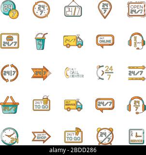 24 7 hour service RGB color icons set. Around the clock working hours of convenience store. 24 hrs open shop. All week available shipping. Helpline Stock Vector