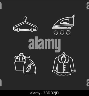 Laundry, clothes care chalk white icons set on black background. Delicate fur dry cleaning and ironing. Fabric softener, towels basin, hanger Stock Vector