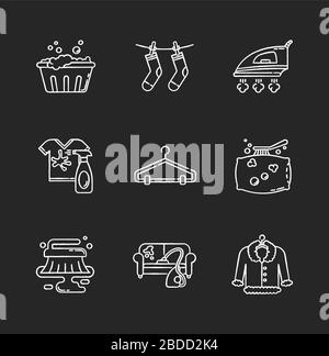 Laundry and cleanup service chalk white icons set on black background. Handwash, stain removal, outdoor drying, ironing. Furniture and pillow dry Stock Vector