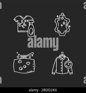 Laundry, washing types chalk white icons set on black background. Leather dry cleaning and stain removal, express laundry and pillow cleaning Stock Vector
