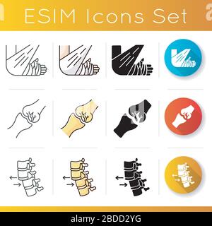 Body injuries icons set. Bone and joint fractures. Arm in bandage, plaster. Spine dislocation. Linear, black and RGB color styles. Linear black and Stock Vector