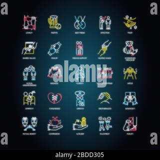 Friendly relationship neon light icons set. Signs with outer glowing effect. Friendship, interpersonal communication, emotional bond. Best friends Stock Vector