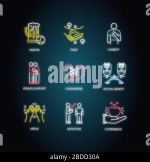 Friends relationship neon light icons set. Signs with outer glowing effect. Social connection, strong interpersonal bond. Friendly communication Stock Vector