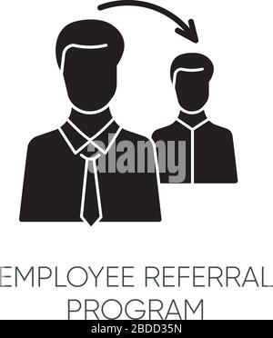 Employee referral program black glyph icon. Corporate workforce search, referal recruitment silhouette symbol on white space. Effective workers hiring Stock Vector