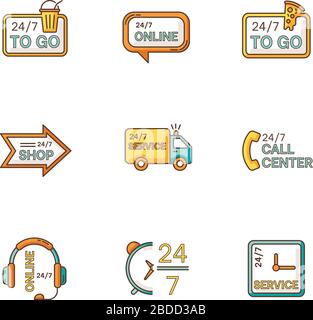 24 7 hour service RGB color icons set. Online 24 hrs customer support. Everyday available delivery. Transportation truck sign. Around the clock open Stock Vector