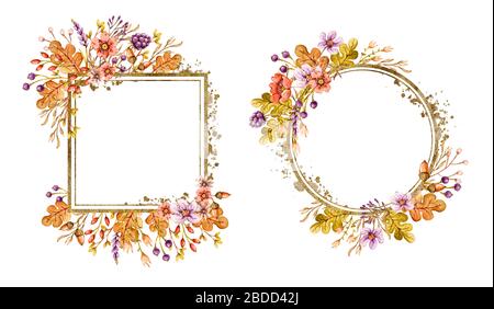 Floral frames set with autumn oak leaves, acorns, berries, flowers and floral elements in fall colors. Handpainted Wedding greetings cards. Vector wat Stock Vector