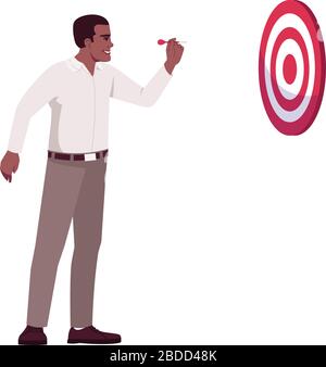 Corporate goals setting semi flat RGB color vector illustration. Focused CEO, top manager hitting bullseye on dartboard isolated cartoon character on Stock Vector