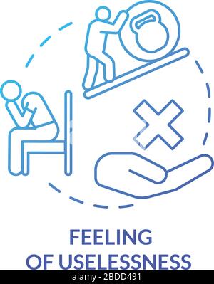 Feeling of uselessness blue concept icon. Employee with low self-esteem. Loneliness and solitude. Burnout symptom idea thin line illustration. Vector Stock Vector