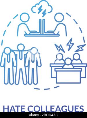 Hate colleagues blue concept icon. Dislike group. Problems at workplace. Displeased with coworkers. Burnout cause idea thin line illustration. Vector Stock Vector