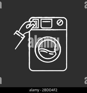 Self-service laundry chalk white icon on black background. Laundromat, washateria, coin wash service, industrial laundry machine. Housework, chores Stock Vector
