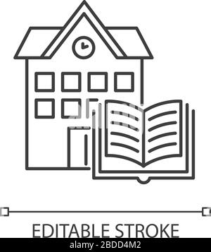 Library pixel perfect linear icon. Educational establishment. Book storage. Campus building. Thin line customizable illustration. Contour symbol Stock Vector