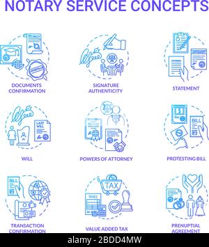 Notary services blue concept icons set. Power of attorney. Legislation, public regulation. Certificate, guarantee. Common law idea thin line RGB color Stock Vector