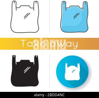 Plastic bag with handles icons set. Linear, black and RGB color styles. Disposable empty clear package. T shirt bag polyethylene wrapping. Takeaway Stock Vector