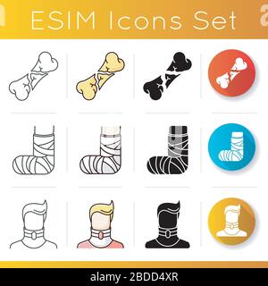 Limb and body injuries icons set. Broken foot. Bone fracture. Broken neck. Cervical collar. Linear, black and RGB color styles. Linear black and RGB Stock Vector