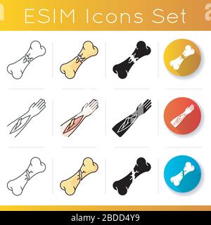 Bone fractures icons set. Open fracture. Limb and body part injuries. Healthcare. Linear, black and RGB color styles. Linear black and RGB color Stock Vector