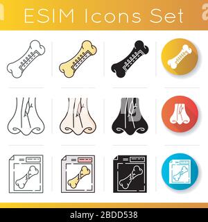 Body injuries icons set. Broken nose. Bone fracture. X-ray, MRI scan. Surgery. Surgical procedure. Linear, black and RGB color styles. Linear black Stock Vector