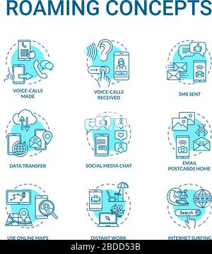 Roaming turquoise concept icons set. Browsing social media. Network connection. Internet connection idea thin line RGB color illustrations. Vector Stock Vector