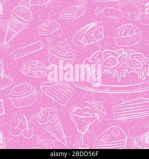 Seamless Background, Food, Sweets White Contours, Pink Wallpaper with Tile Pattern. Vector Stock Vector