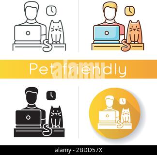 Pet friendly office icon. Domestic animal permitted territory. Cat at workplace, kitten and human working on computer. Linear black and RGB color Stock Vector